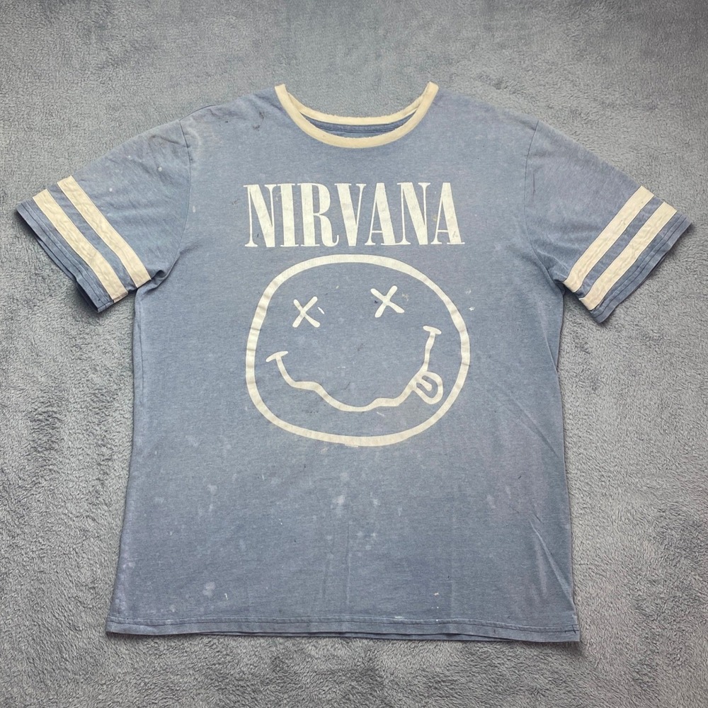 Nirvana Tshirt Mens XL 2016 Smiley Face Ringer Graphic Blue Distressed Rock Band